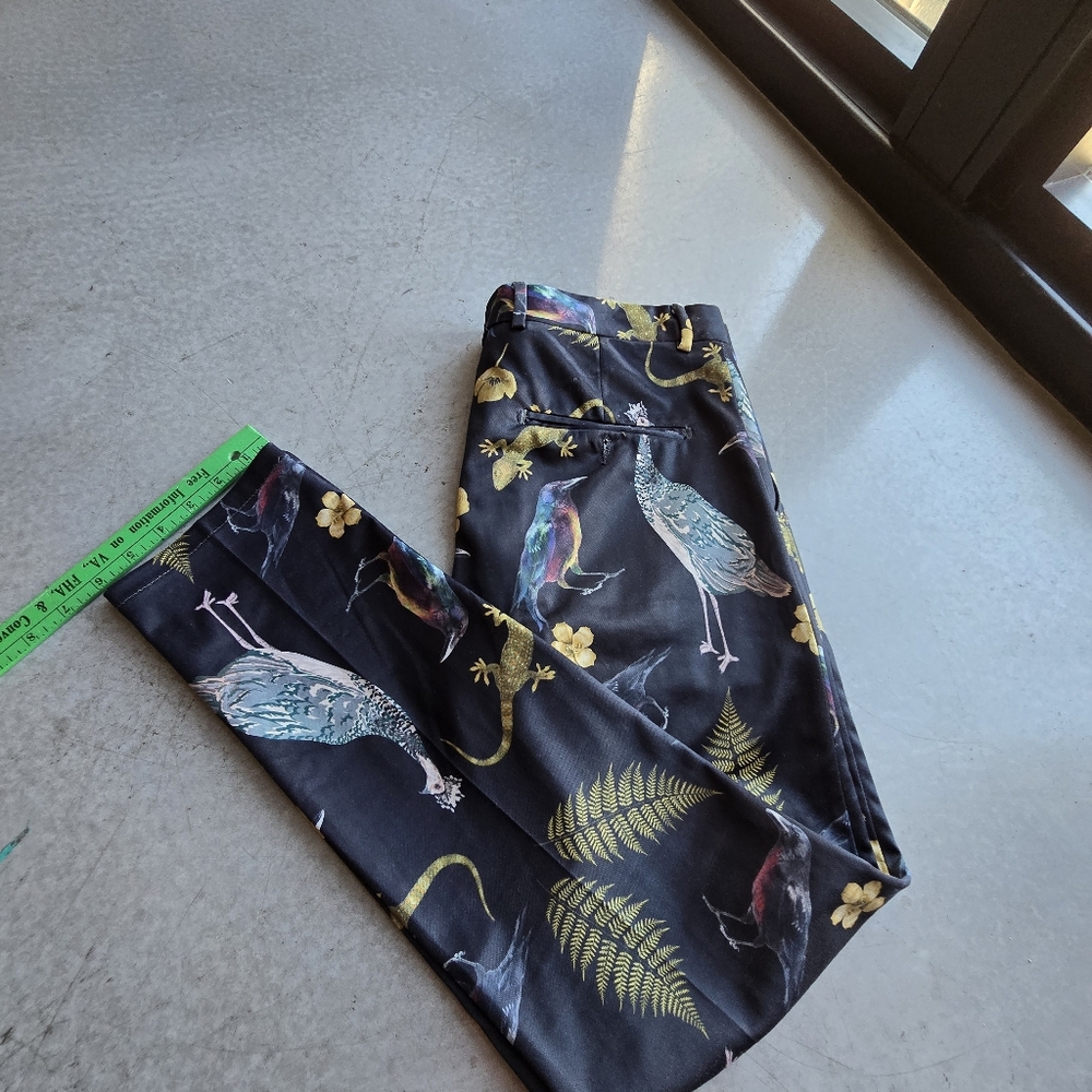 Men's Black Dress Pants with Peacock Print
